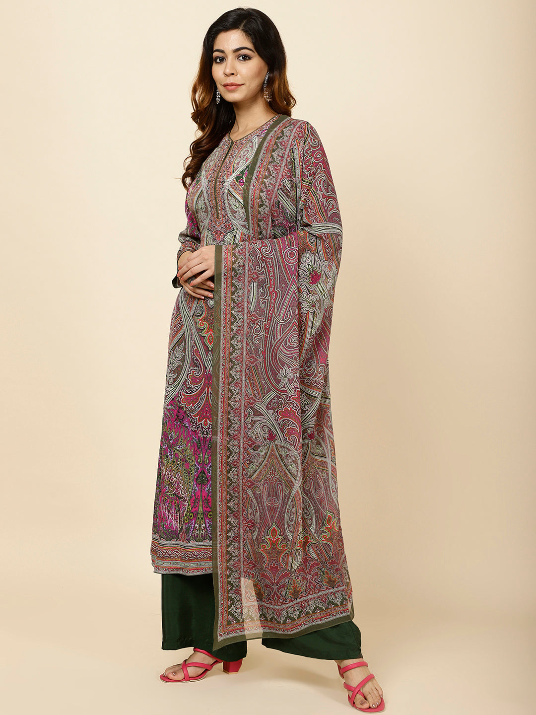 Digital Printed Crepe Kurta With Palazzo &amp; Dupatta