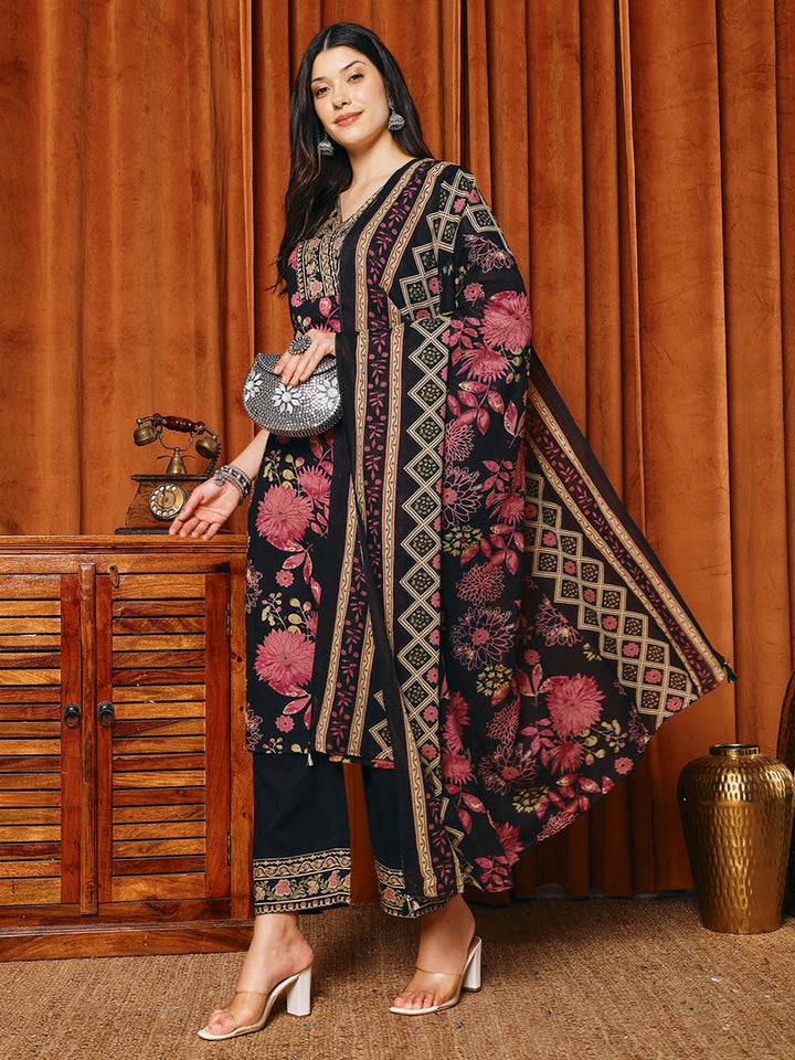 Printed Cotton Blend Kurta With Pants &amp; Dupatta