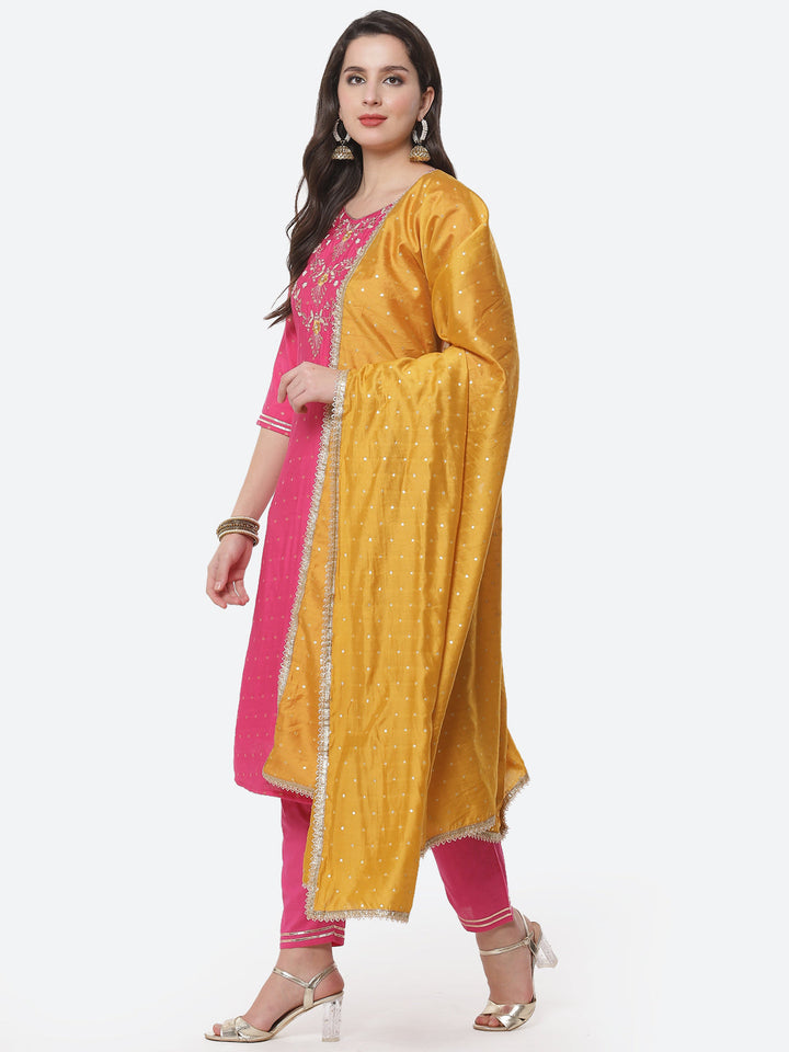 Embroidered Cotton Kurti With Pant And Dupatta