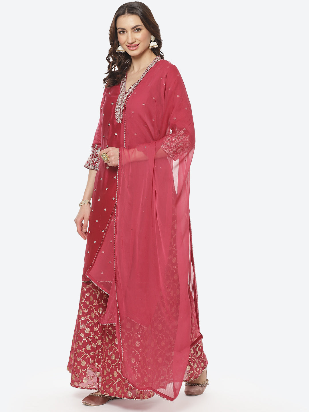 Zari Booti Embroidered Cotton Chanderi Stitched Salwar Kameez With Chiffon Dupatta