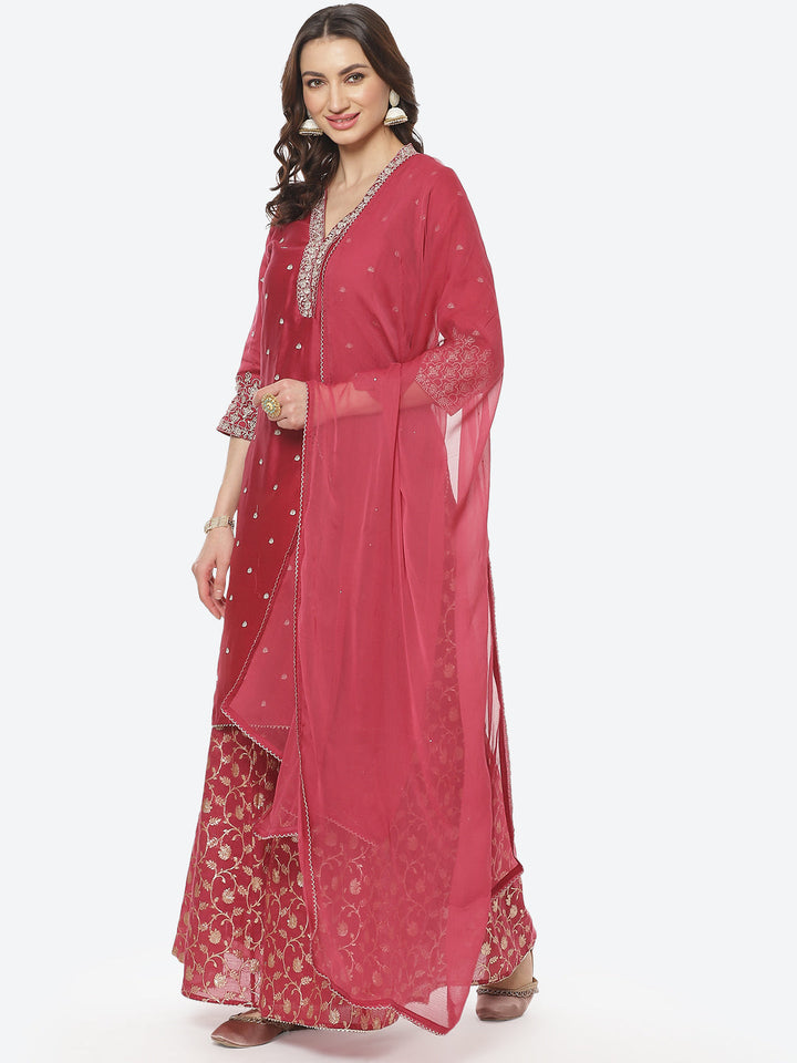 Zari Booti Embroidered Cotton Chanderi Stitched Salwar Kameez With Chiffon Dupatta