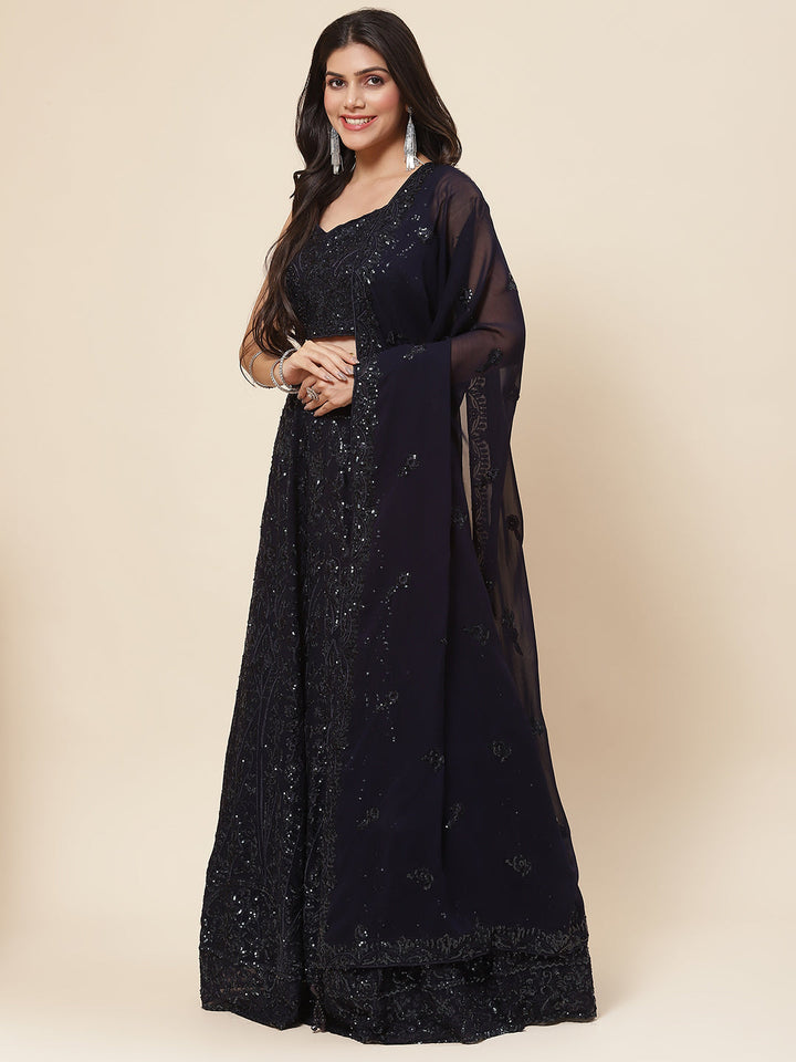 Sequin Resham Embroidered Georgette Choli With Lehenga &amp; Dupatta