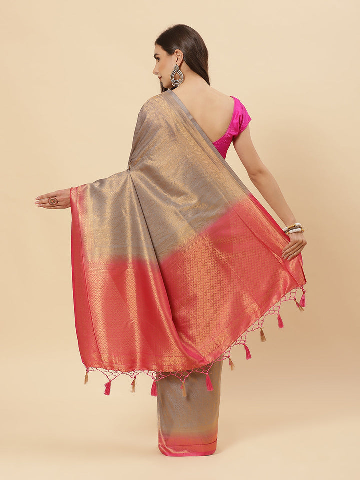 Brocade Zari Jaal Art Handloom Saree  with Contrast Blouse