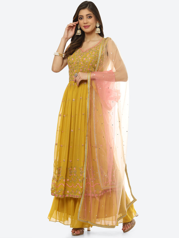 Resham Booti Georgette Anarkali With Sharara &amp; Net Dupatta