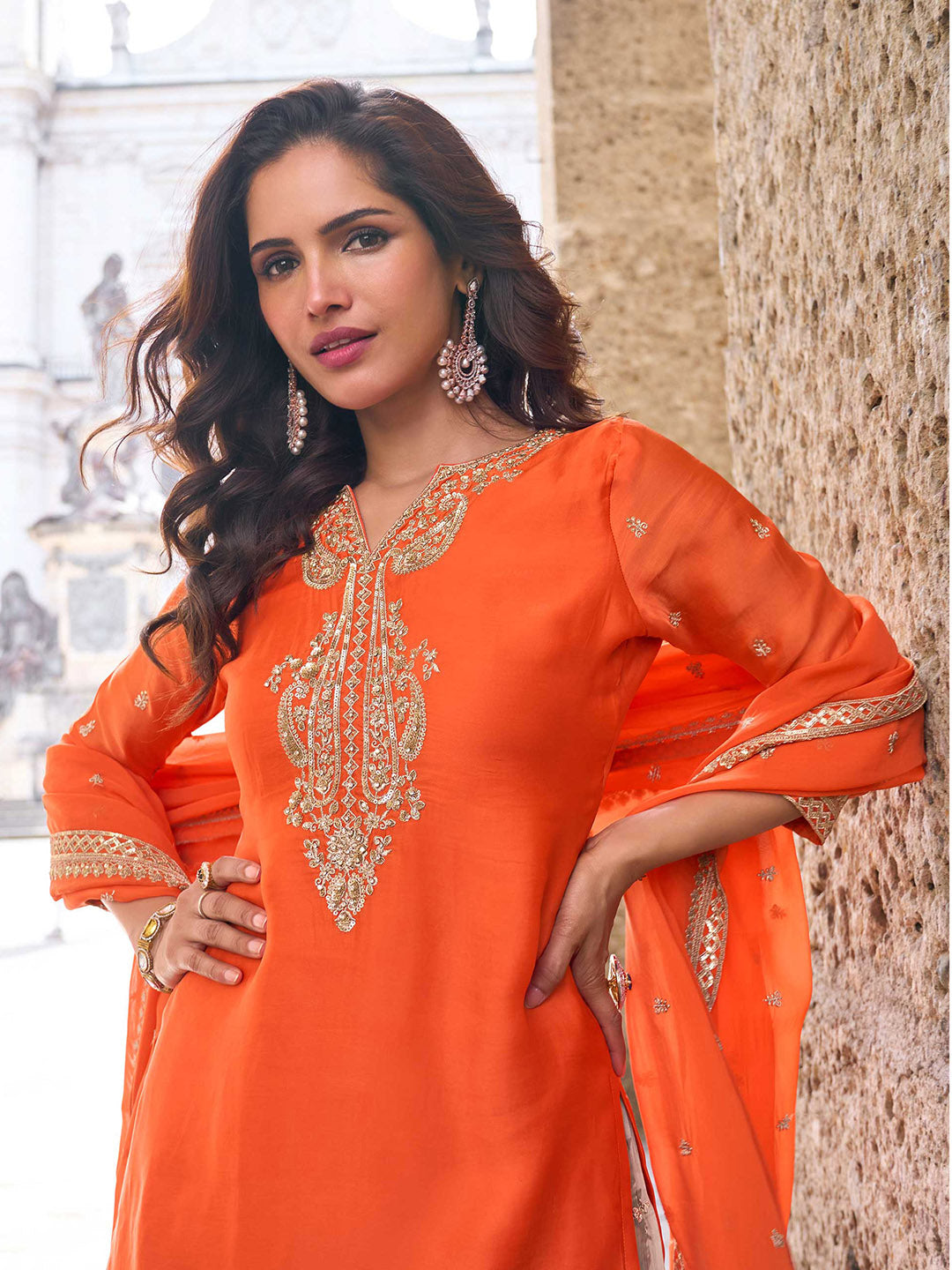 Embroidered Chinon Kurti With Gharara &amp; Dupatta