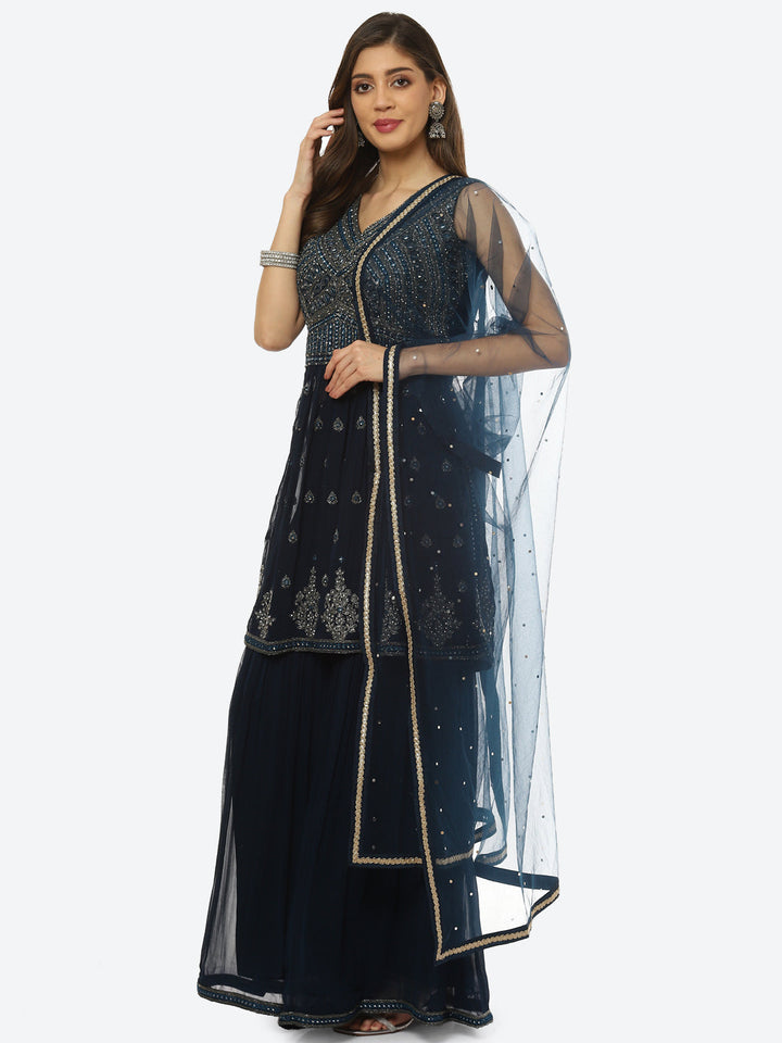 Embroidered Art Georgette Anarkali Kurti With Sharara And Net Dupatta