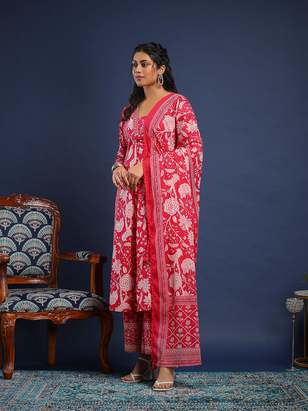 Hot Pink Cotton Blend Printed A Line Suit Set