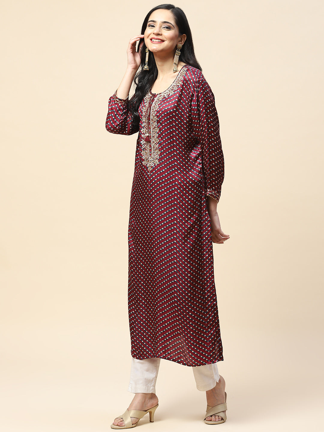 Printed With Yoke Embroidered Satin Kurta