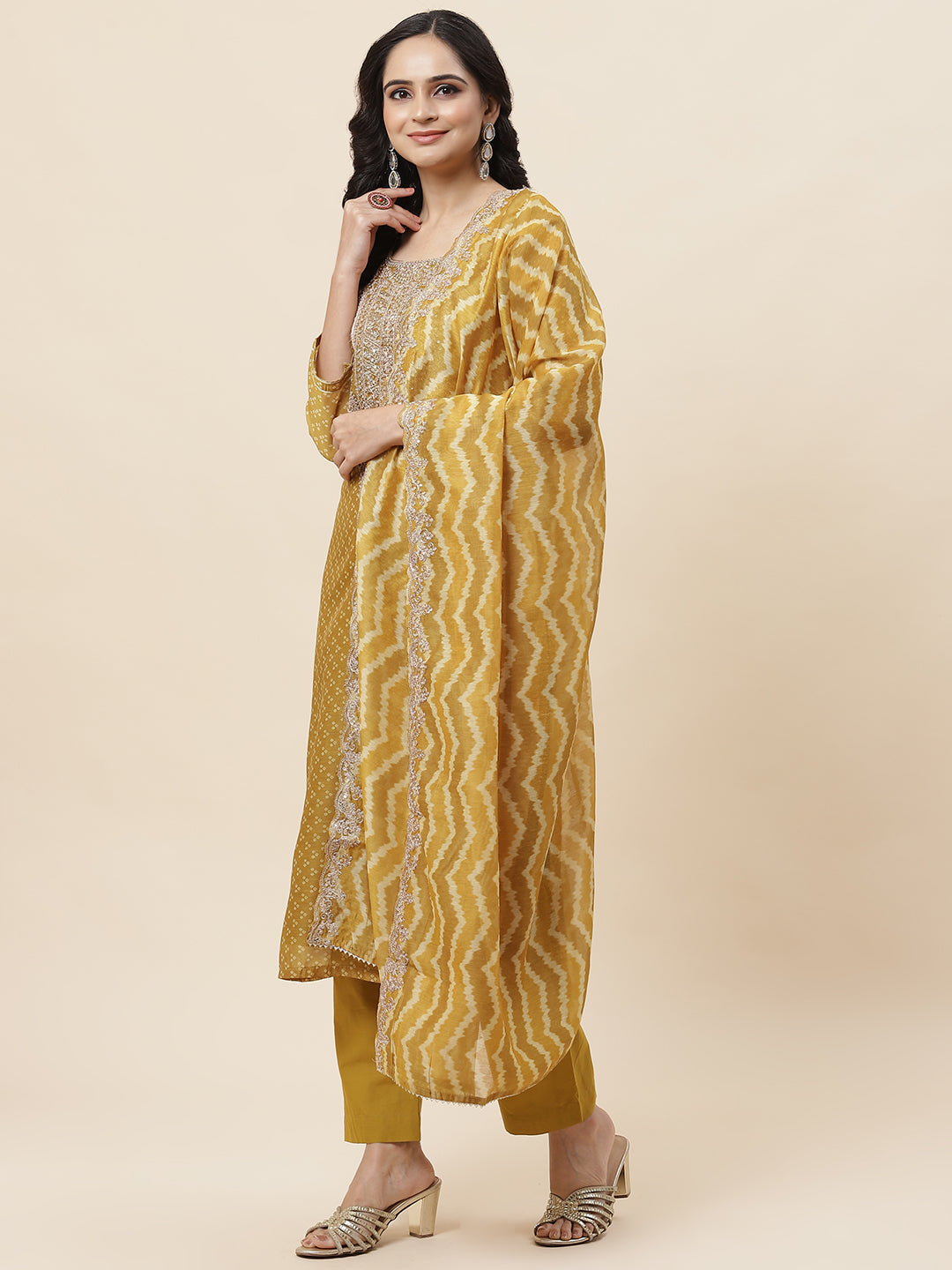 Bandhani Printed Chanderi Kurta With Pants &amp; Dupatta