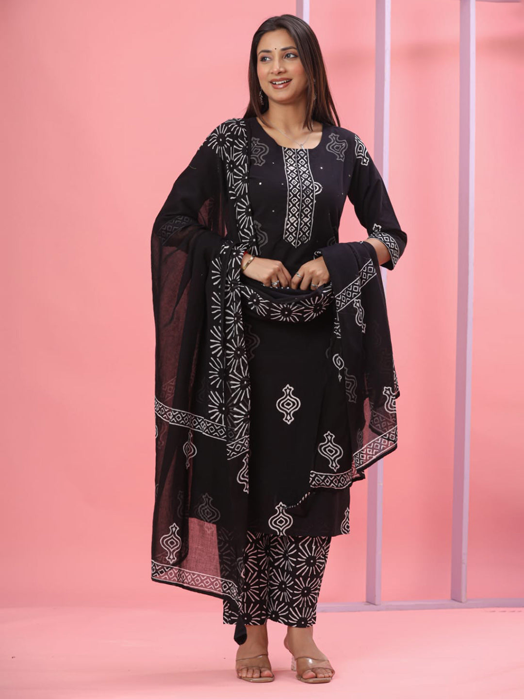 Black Embroidered Cotton Blend Straight Suit Set With Dupatta