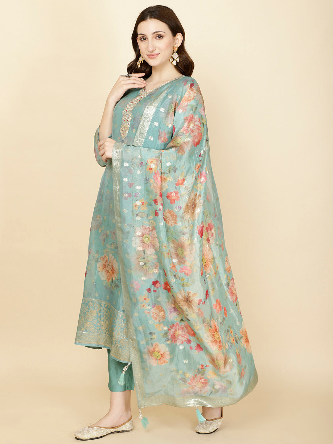 Floral Printed &amp; Woven Organza Kurta With Pants &amp; Dupatta