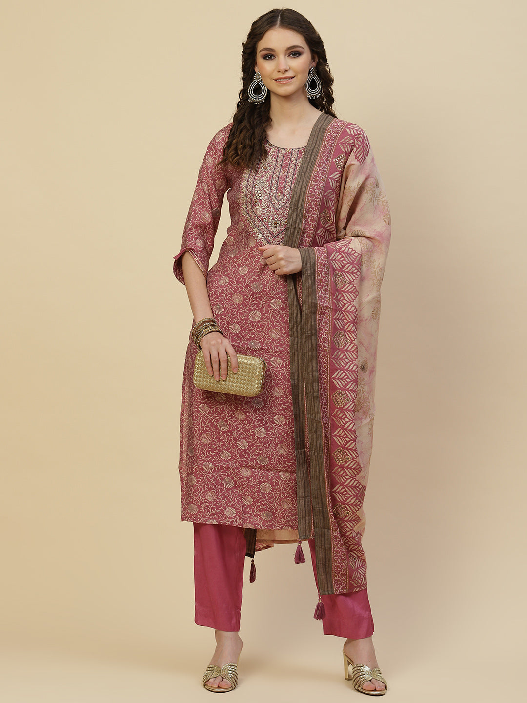 Floral Printed Cotton Kurta With Pants &amp; Dupatta