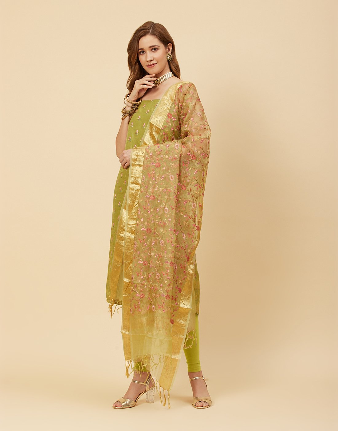 Embroidered Art Handloom Dupion Suit Piece With Organza Dupatta