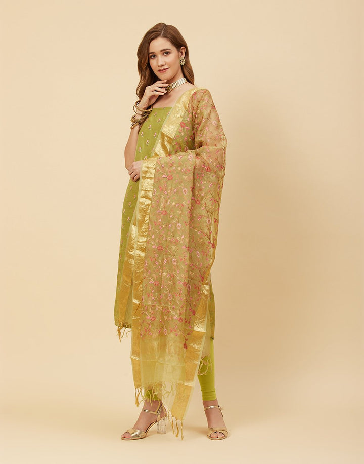 Embroidered Art Handloom Dupion Suit Piece With Organza Dupatta