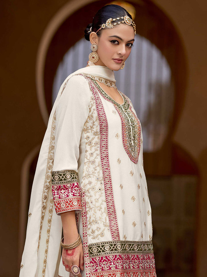 Embroidered Chinon Kurti With Plazzo &amp; Dupatta