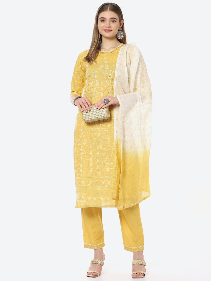 Bandhani Mirror Work Cotton Kurta With Pant &amp; Cotton Dupatta