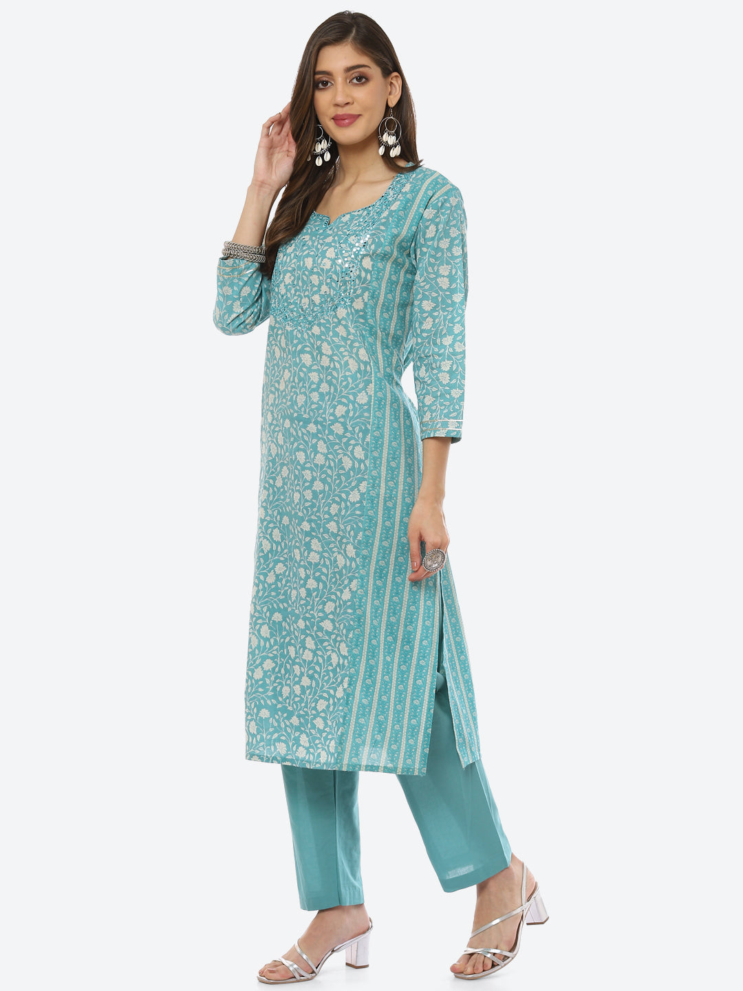 Mirror Work Printed Cotton Kurta With Pant