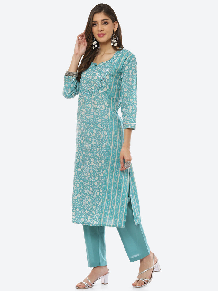 Mirror Work Printed Cotton Kurta With Pant