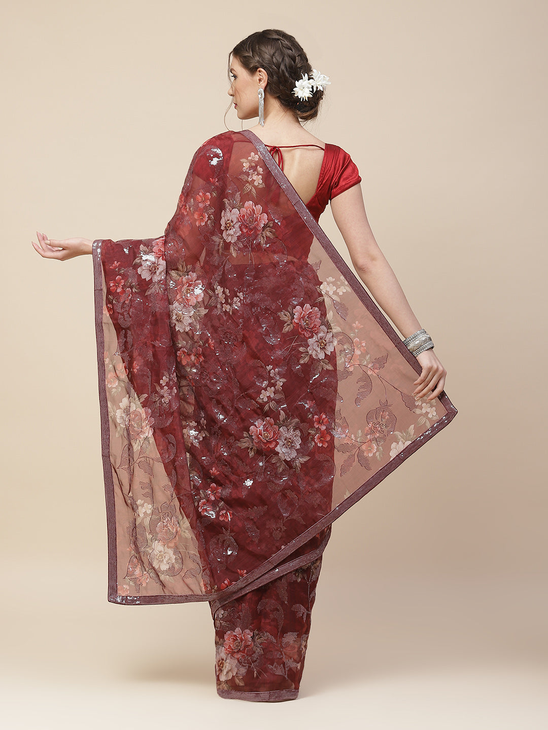 Floral Digital Printed Sequence Organza Saree