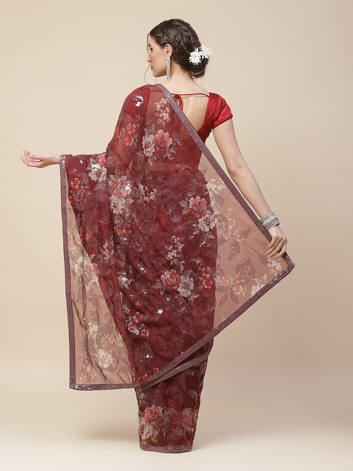 Floral Digital Printed Sequence Organza Saree