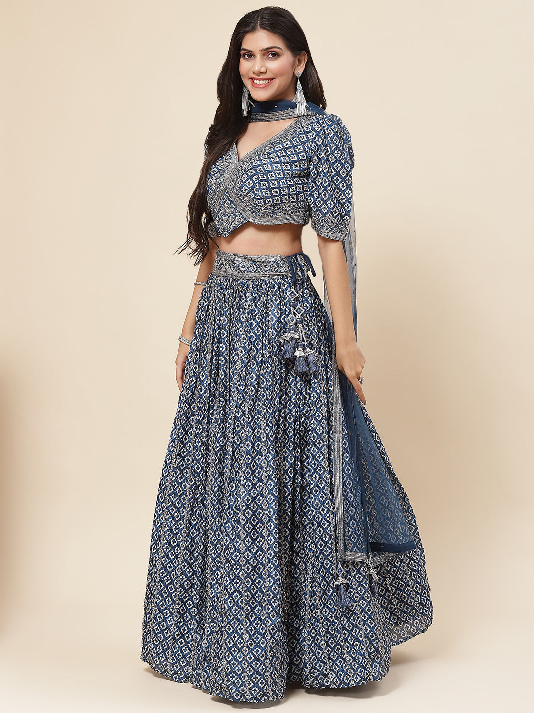 Printed Sequin Embroidered Crepe Choli With Lehenga &amp; Net Dupatta