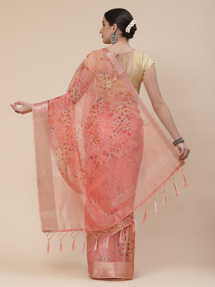 Floral Digital Printed Zari Border Organza Saree