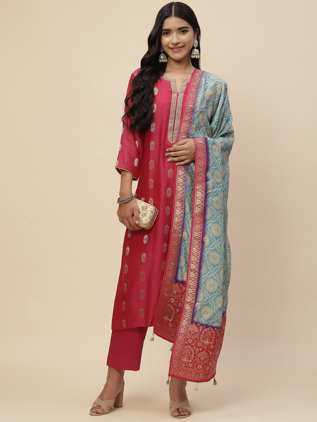 Zari Booti Cotton Kurta With Pants &amp; Dupatta