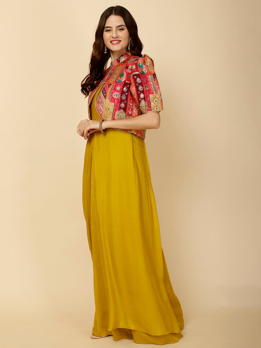 Plain Crepe Gown Dress With Jacket