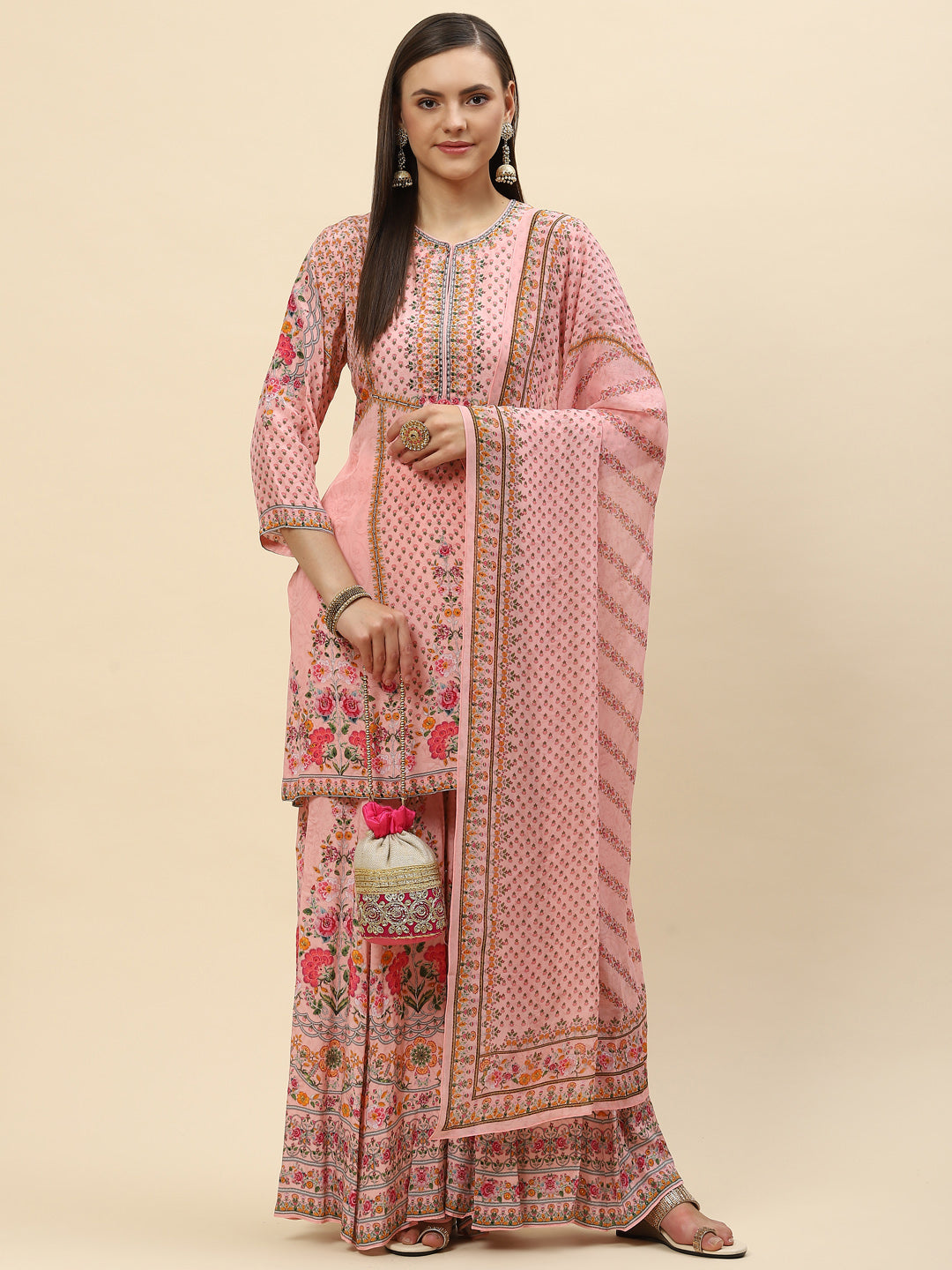 Floral Digital Printed Crepe Kurta With Sharara &amp; Net Dupatta