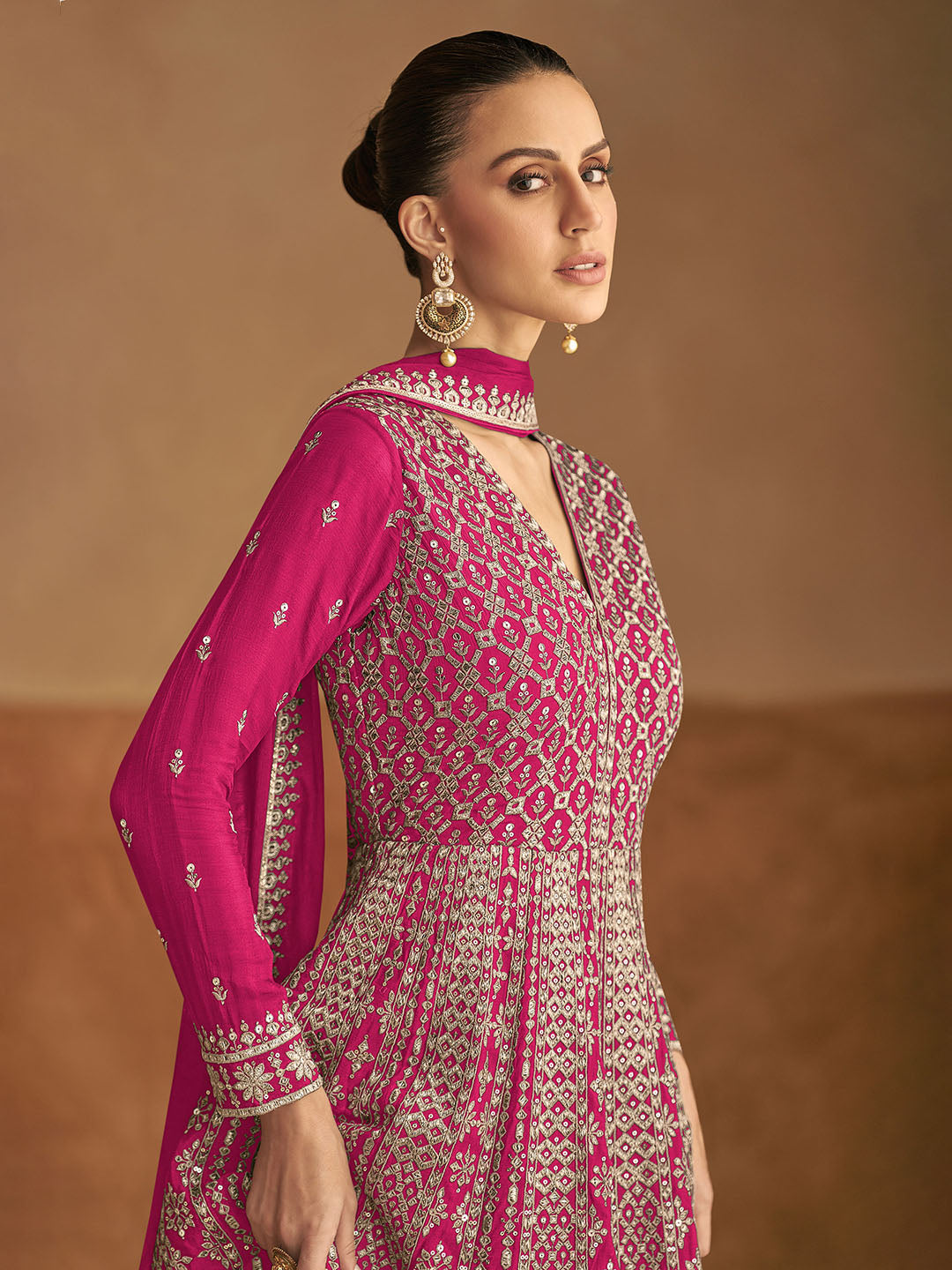 Embroidered Chinon A Line Gown With Dupatta