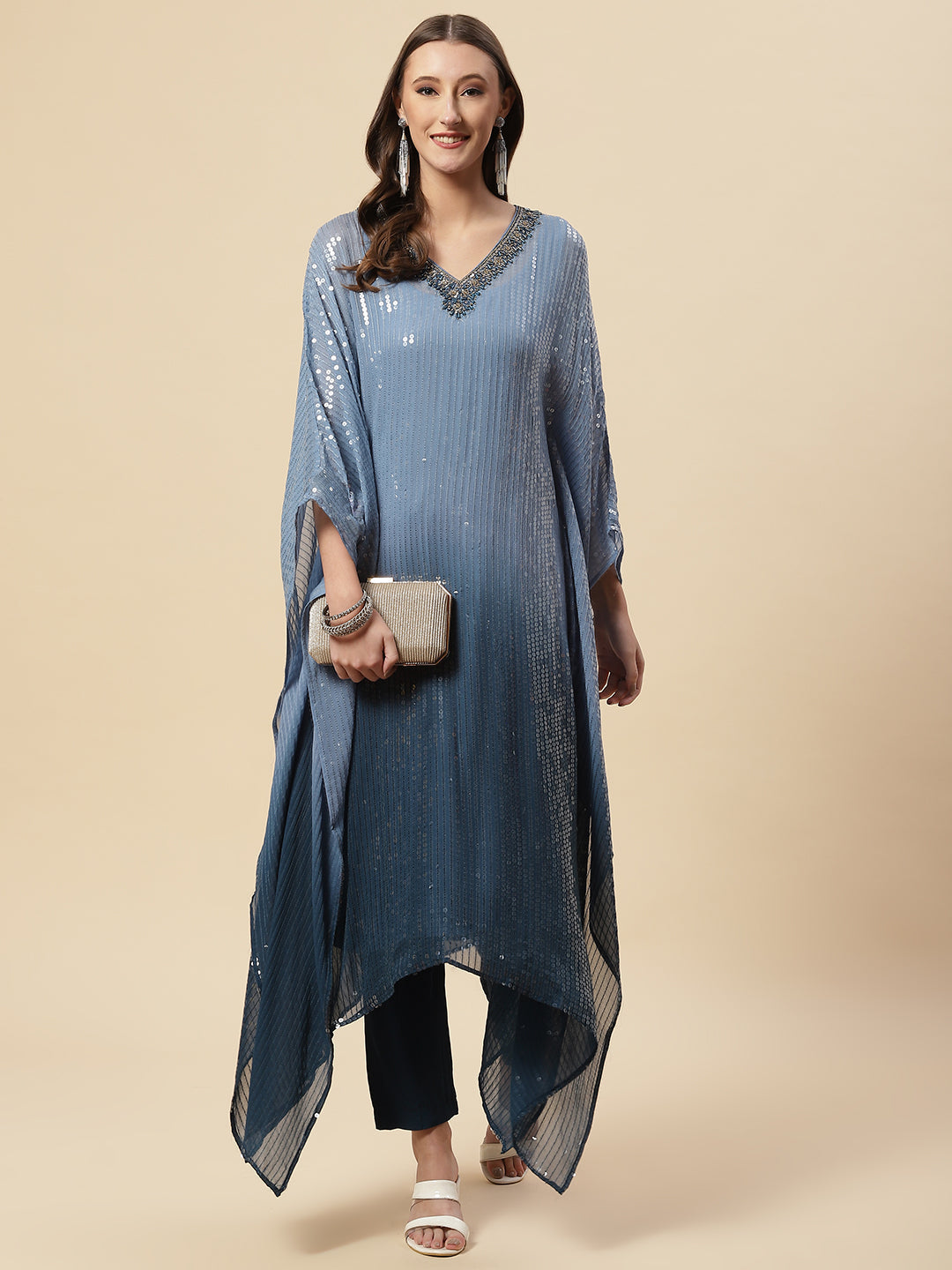 Sequin Embroidered Georgette Kaftan Kurta With Pants