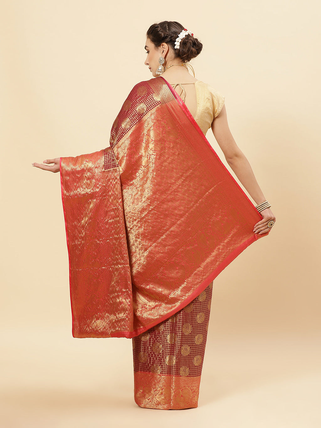 Brocade Zari Jaal Art Handloom Saree With Running Blouse
