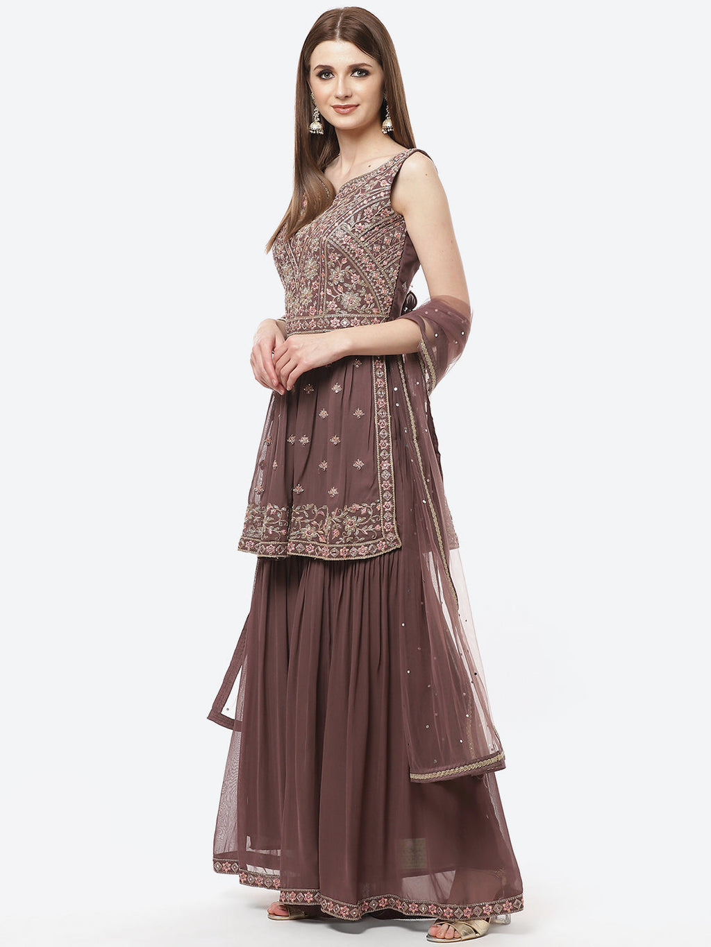 Art Georgette Embroidered Kurti With Sharara And Net Dupatta