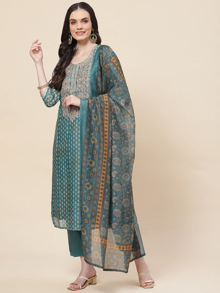 Printed &amp; Neck Embroidered Chanderi Kurta With Pants &amp; Dupatta