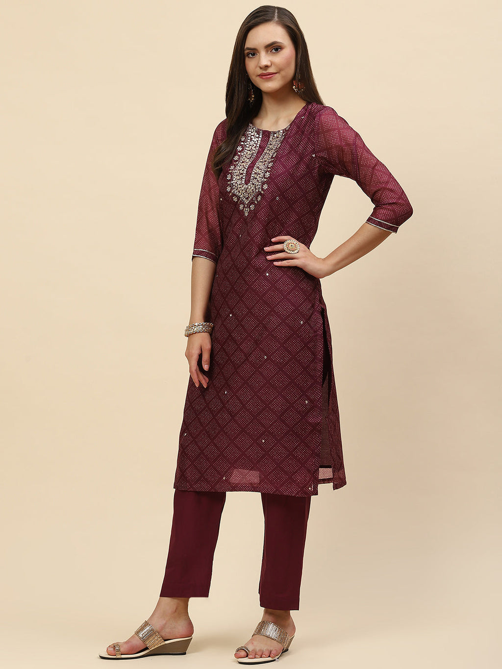 Mirror Embroidered & Printed Chanderi Kurta With Pants