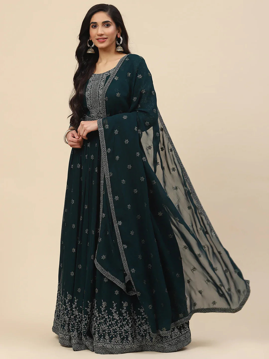 Resham Embroidered Georgette Kurta With Churidar &amp; Dupatta