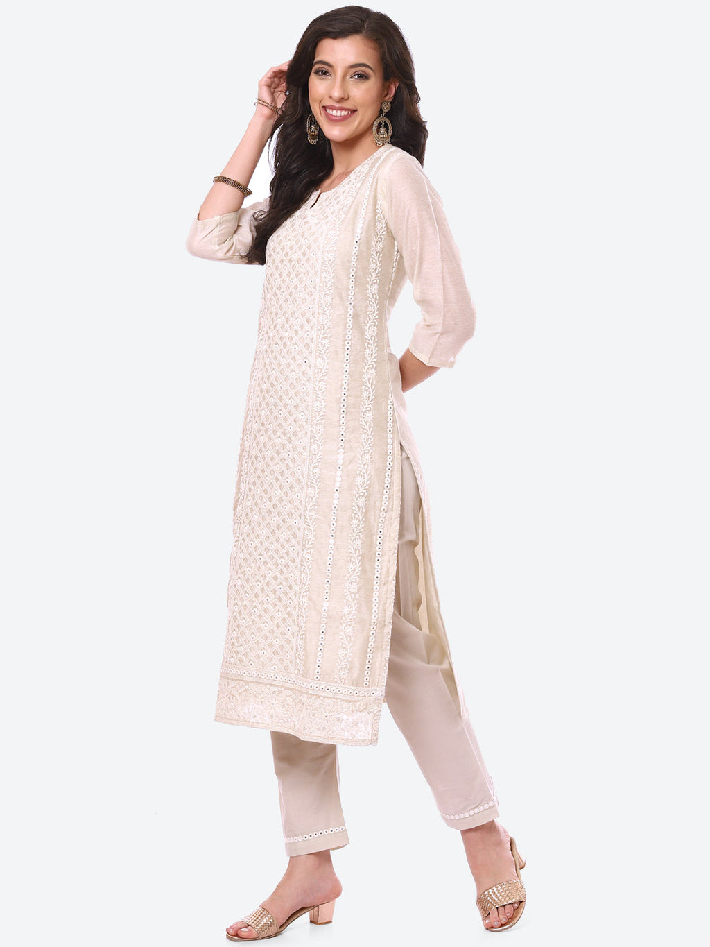 Mirror Work Embroidered Cotton Kurta With Pant