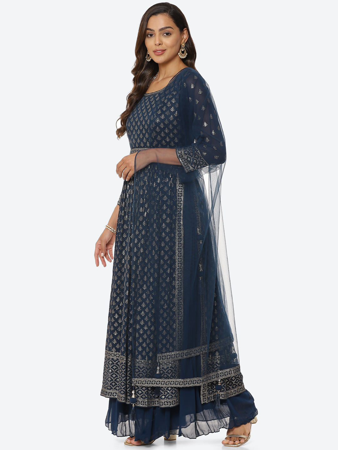 Resham Sequin Booti Georgette Kurta With Palazzo &amp; Dupatta