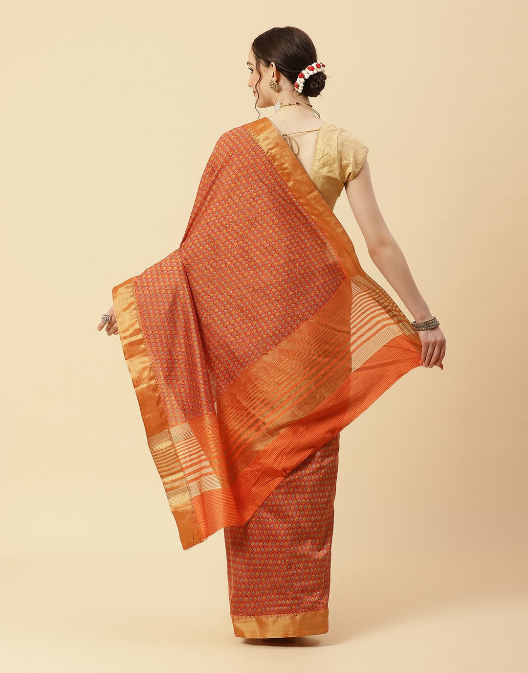 Printed Art Handloom Dupion Zari Booti Border Saree