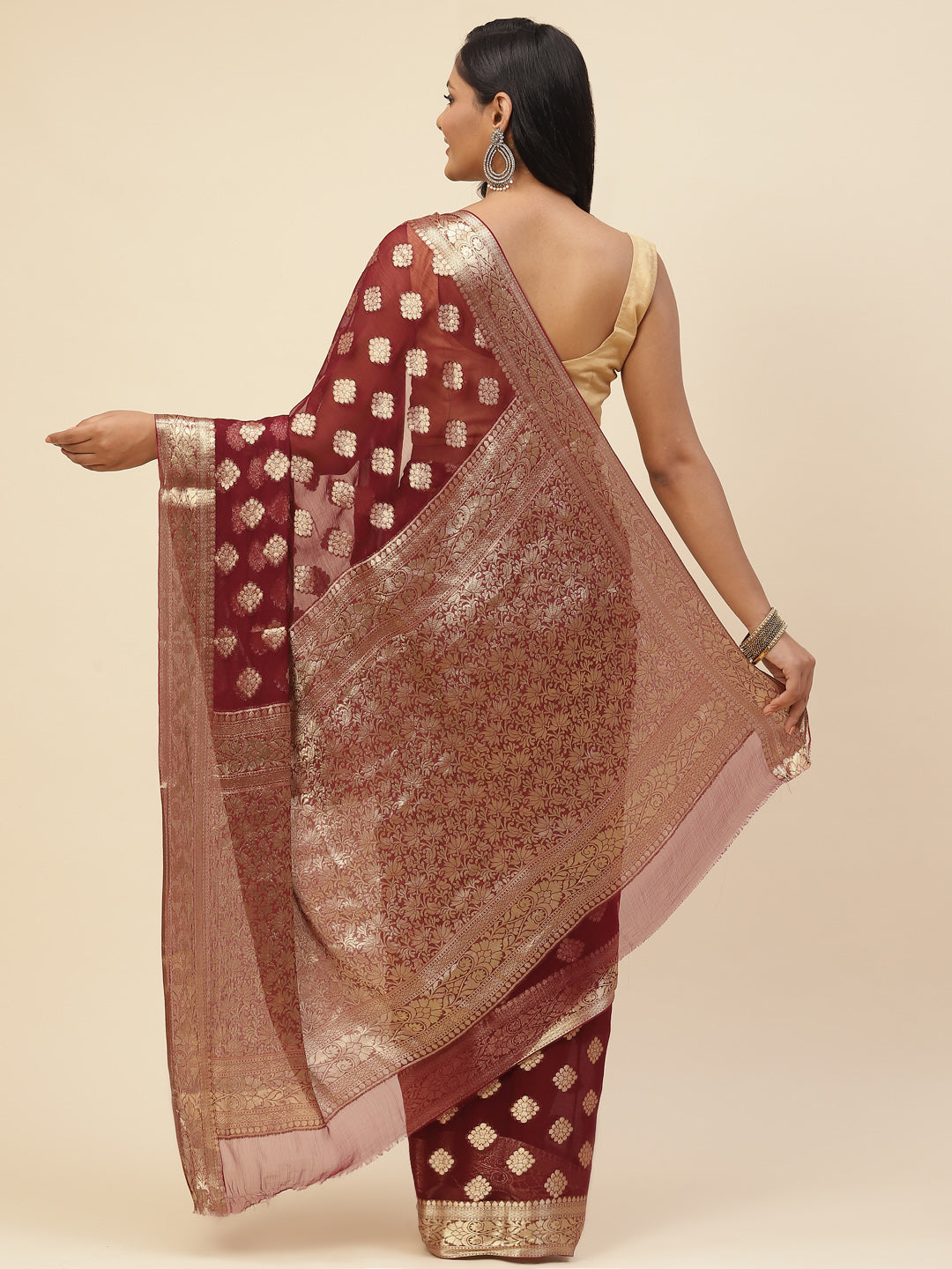 Zari Booti Chiffon Plain Saree