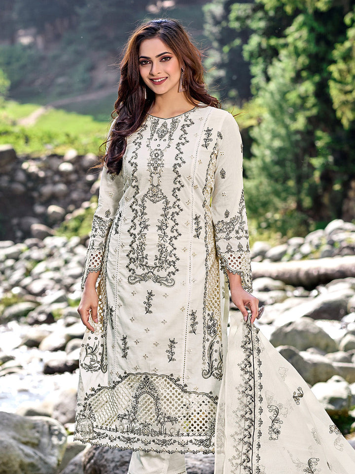 Embroidered Cotton Kurta With Pant &amp; Dupatta