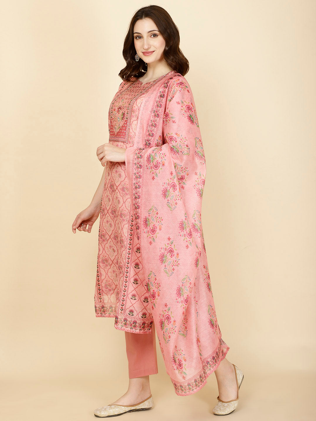Abstract Printed Chanderi Kurta With Pants &amp; Dupatta