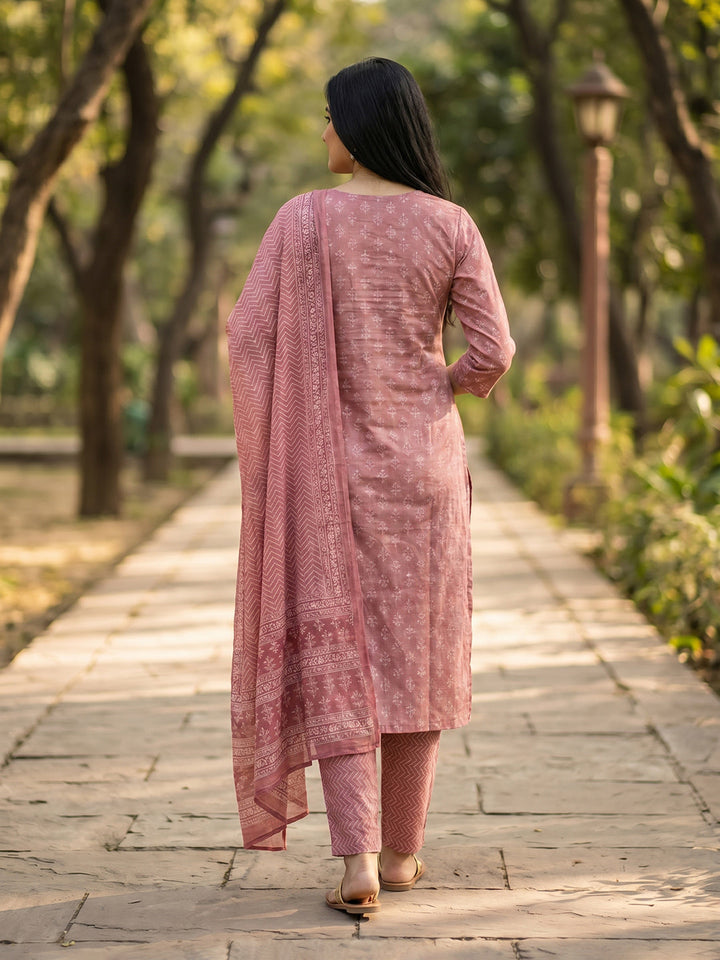 Embroidered Cotton Blend Kurta With Pant &amp; Dupatta