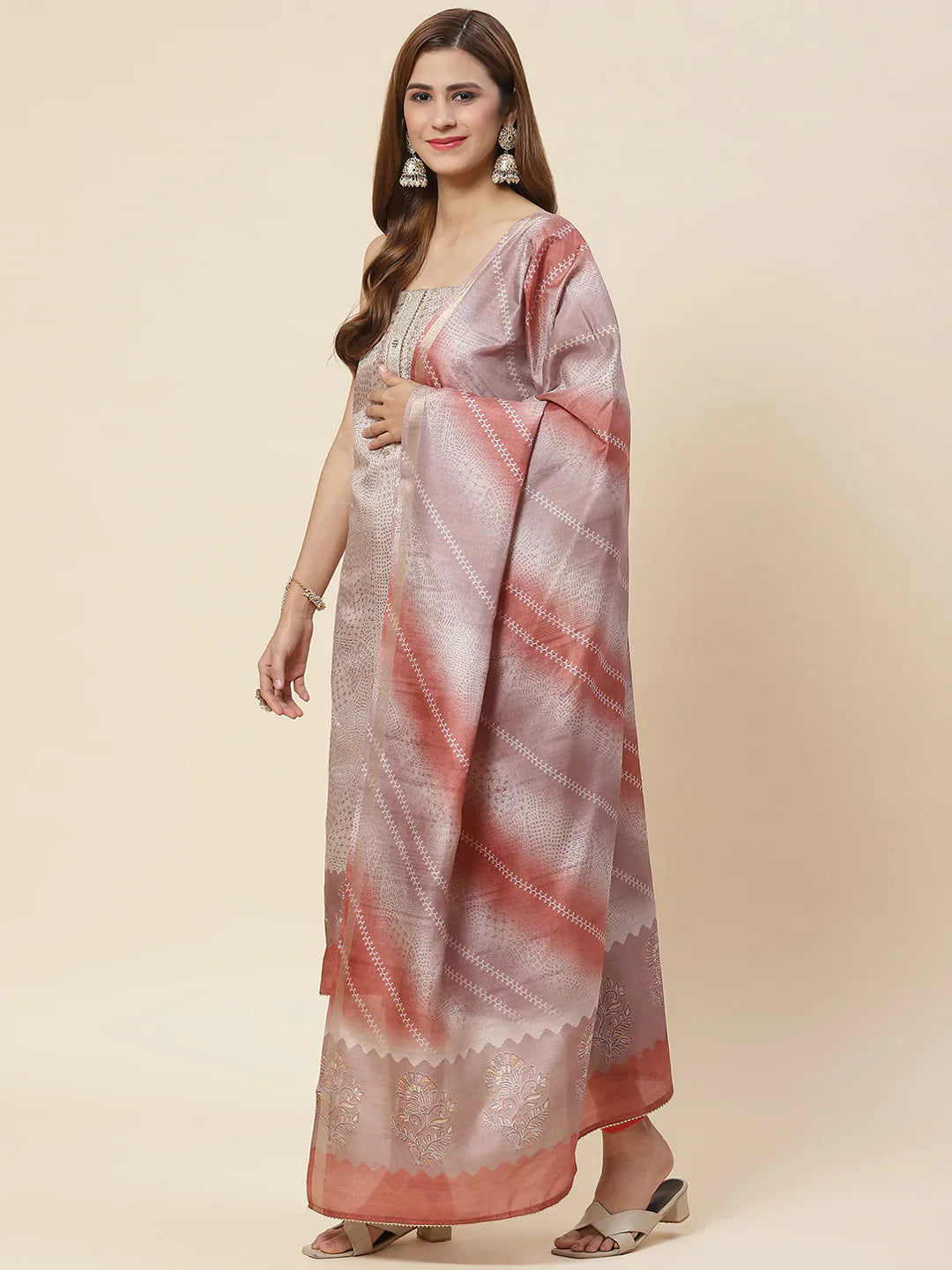 Neck Embroidered Art Tussar Unstitched Suit Piece With Dupatta