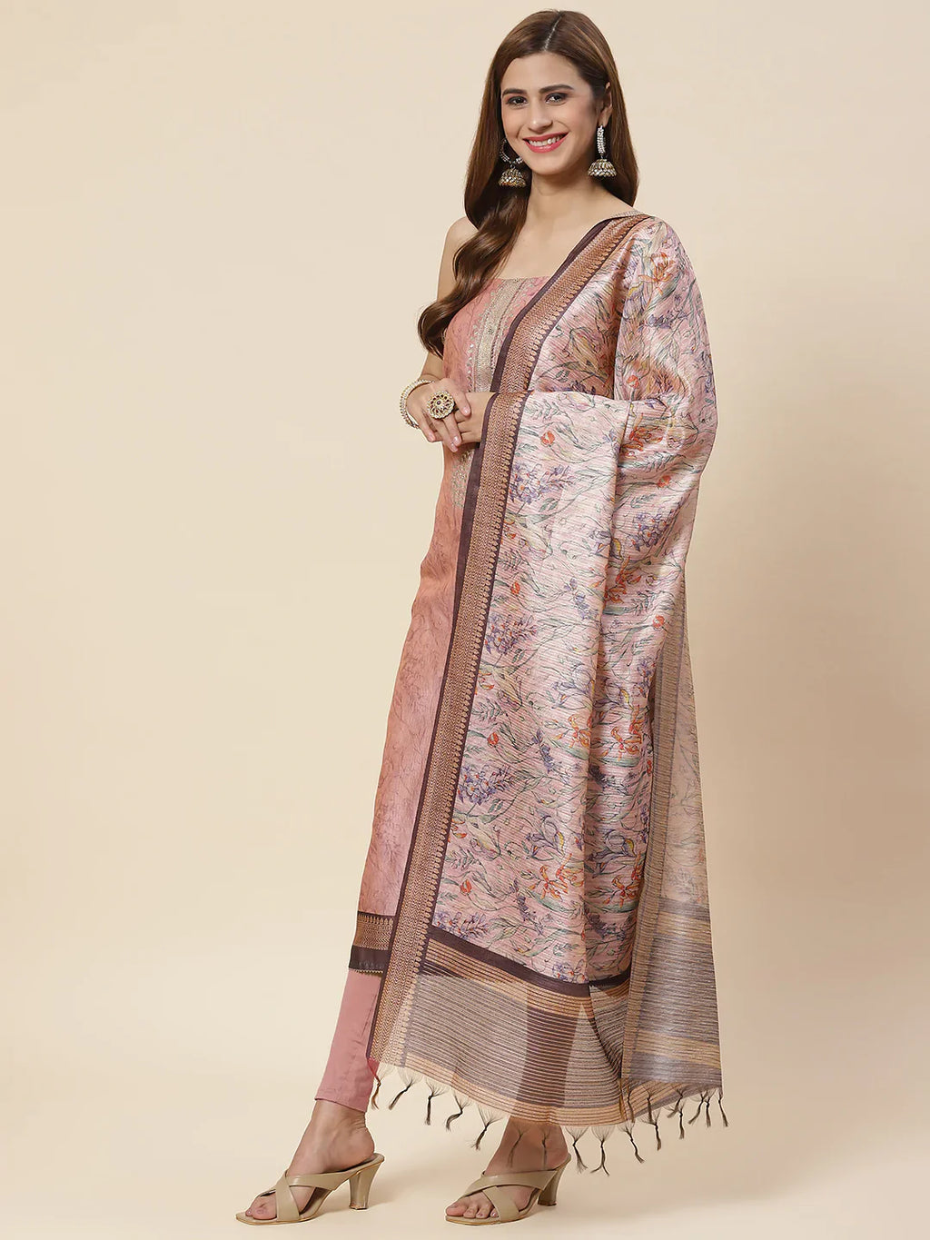 Neck Embroidered & Printed Chanderi Unstitched Suit Piece With Dupatta