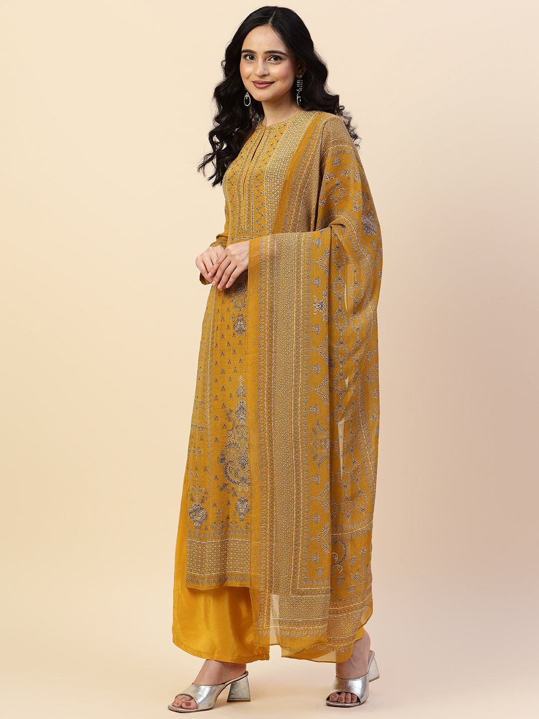 Digital Printed Crepe Kurta With Palazzo &amp; Dupatta