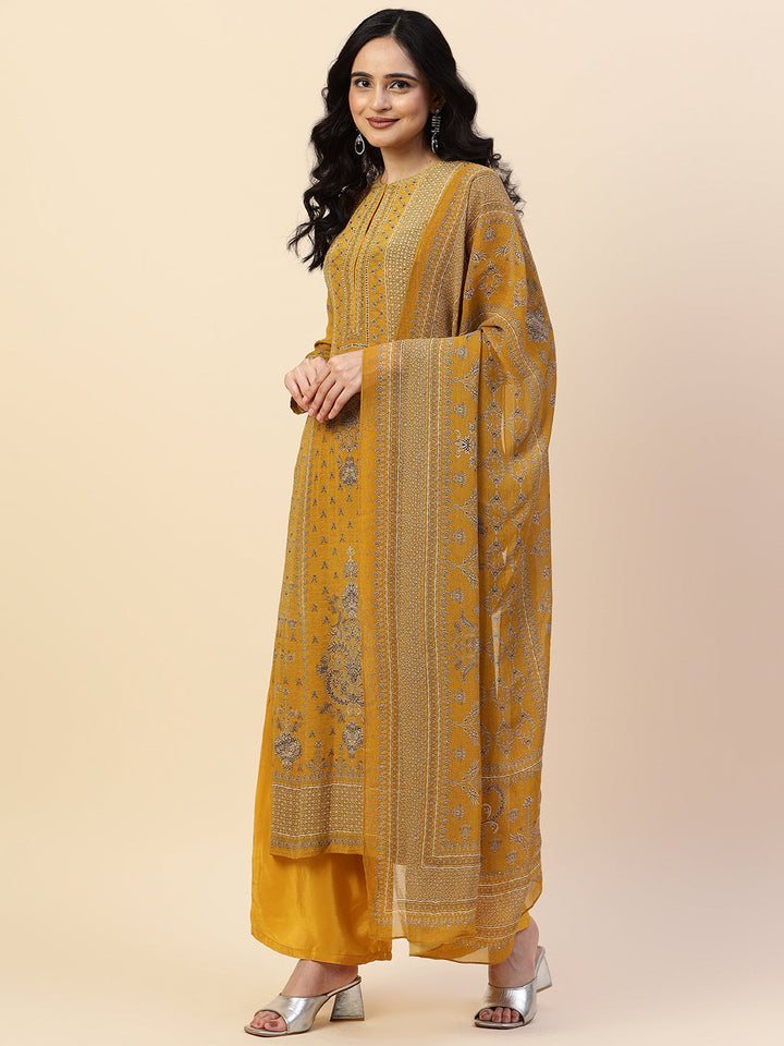 Digital Printed Crepe Kurta With Palazzo &amp; Dupatta