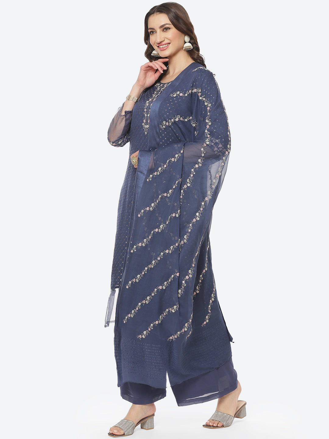 Resham Booti Neck Work Crepe Georgette Stitched Salwar Kameez With Embroidered Dupatta