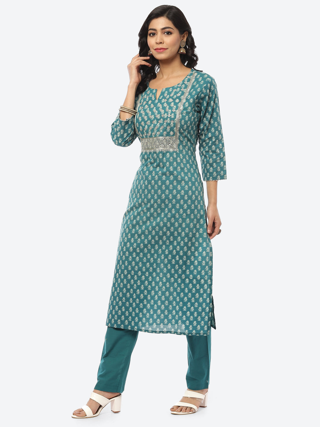 Printed Zari Neck Cotton Kurti With Pant