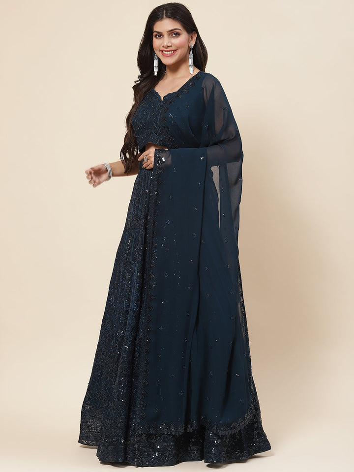 Sequin Embroidered Georgette Choli With Lehenga &amp; Dupatta